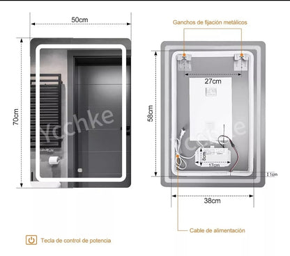 Espejo Rectangular Con Luz Táctil Tricolor Led 70x50