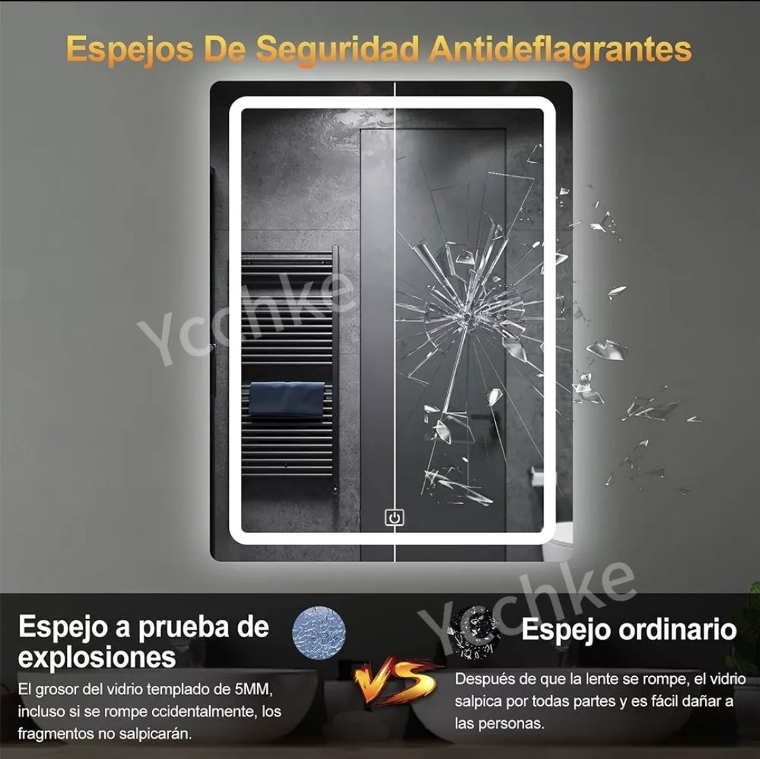 Espejo Rectangular Con Luz Táctil Tricolor Led 70x50