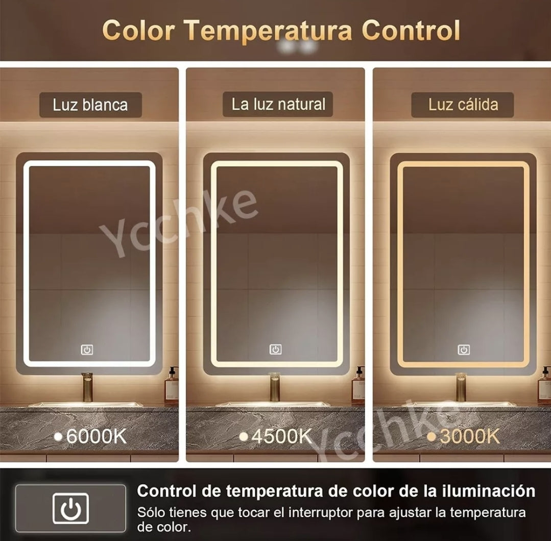 Espejo Rectangular Con Luz Táctil Tricolor Led 70x50