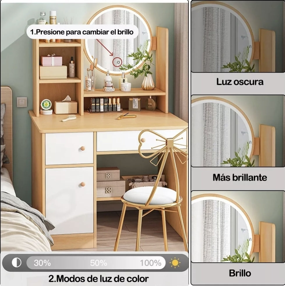 Tocador multifuncional con espejo led y dos cajones