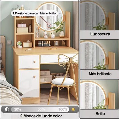 Tocador multifuncional con espejo led y dos cajones