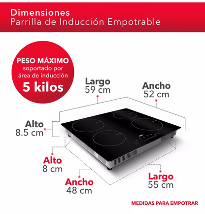 Parrilla de inducción 4 quemadores vidrio templado