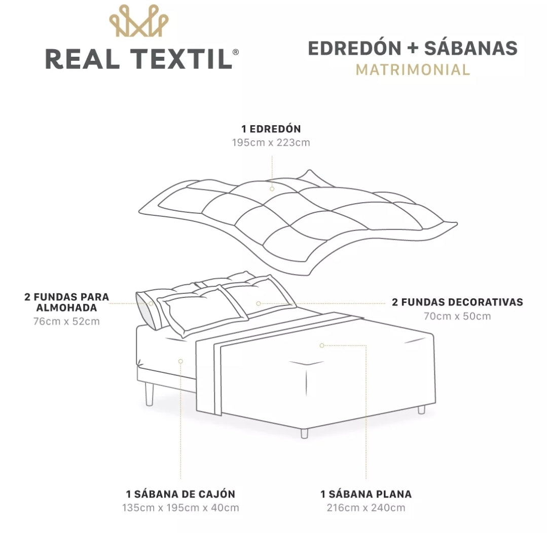 Set 7 Pzas. Edredón Matrimonial +Fundas de almohada + Juego de Sabanas