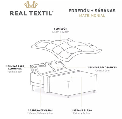 Set 7 Pzas. Edredón Matrimonial +Fundas de almohada + Juego de Sabanas