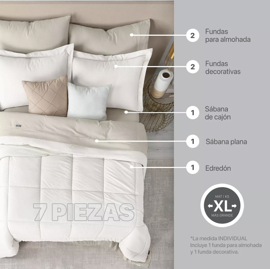 Set 7 Pzas. Edredón Matrimonial +Fundas de almohada + Juego de Sabanas