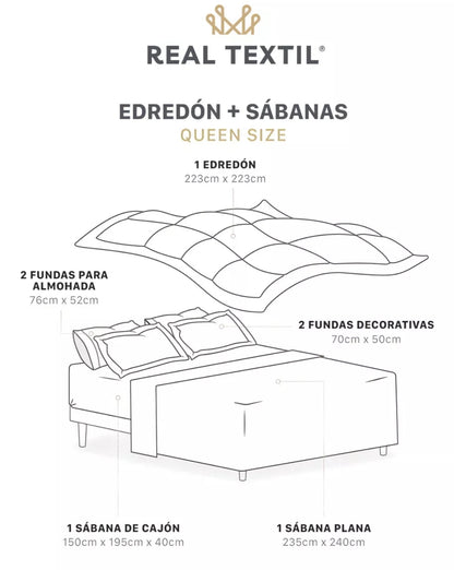 Set 7 Pzas Edredón Queen Size Fundas de almohada Juego de Sabanas