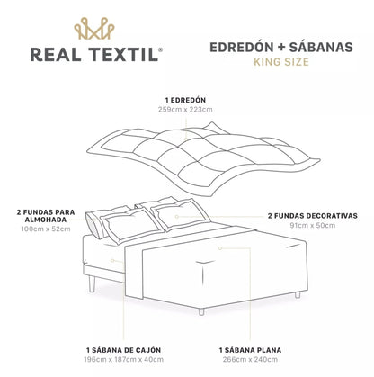 Set 7 Pzas. Edredón King Size con Fundas de almohada y Juego de Sabanas
