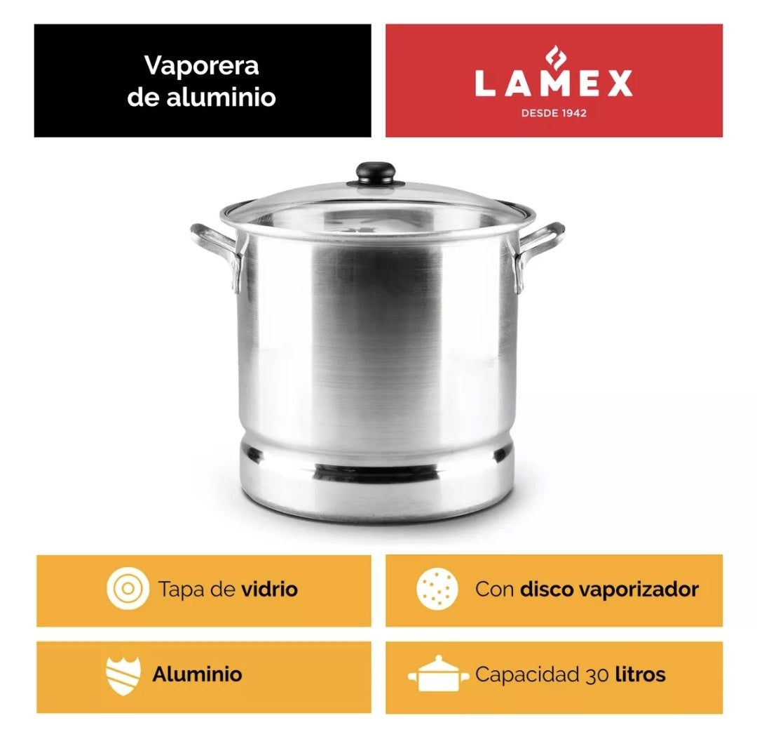 Vaporera 30 Litros con Tapa de Vidrio y Disco Vaporizador