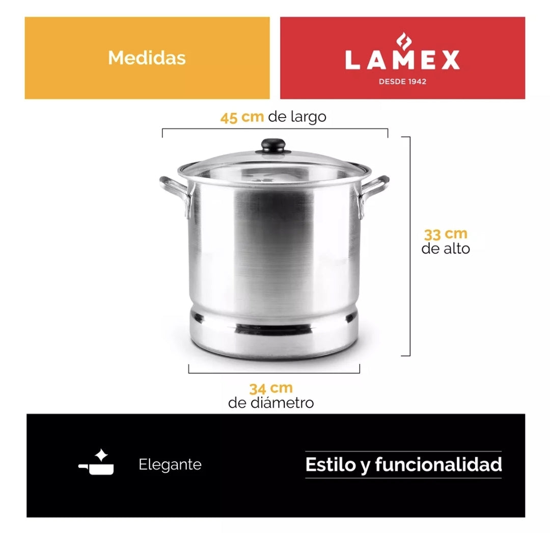 Vaporera 30 Litros con Tapa de Vidrio y Disco Vaporizador