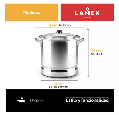 Vaporera 30 Litros con Tapa de Vidrio y Disco Vaporizador