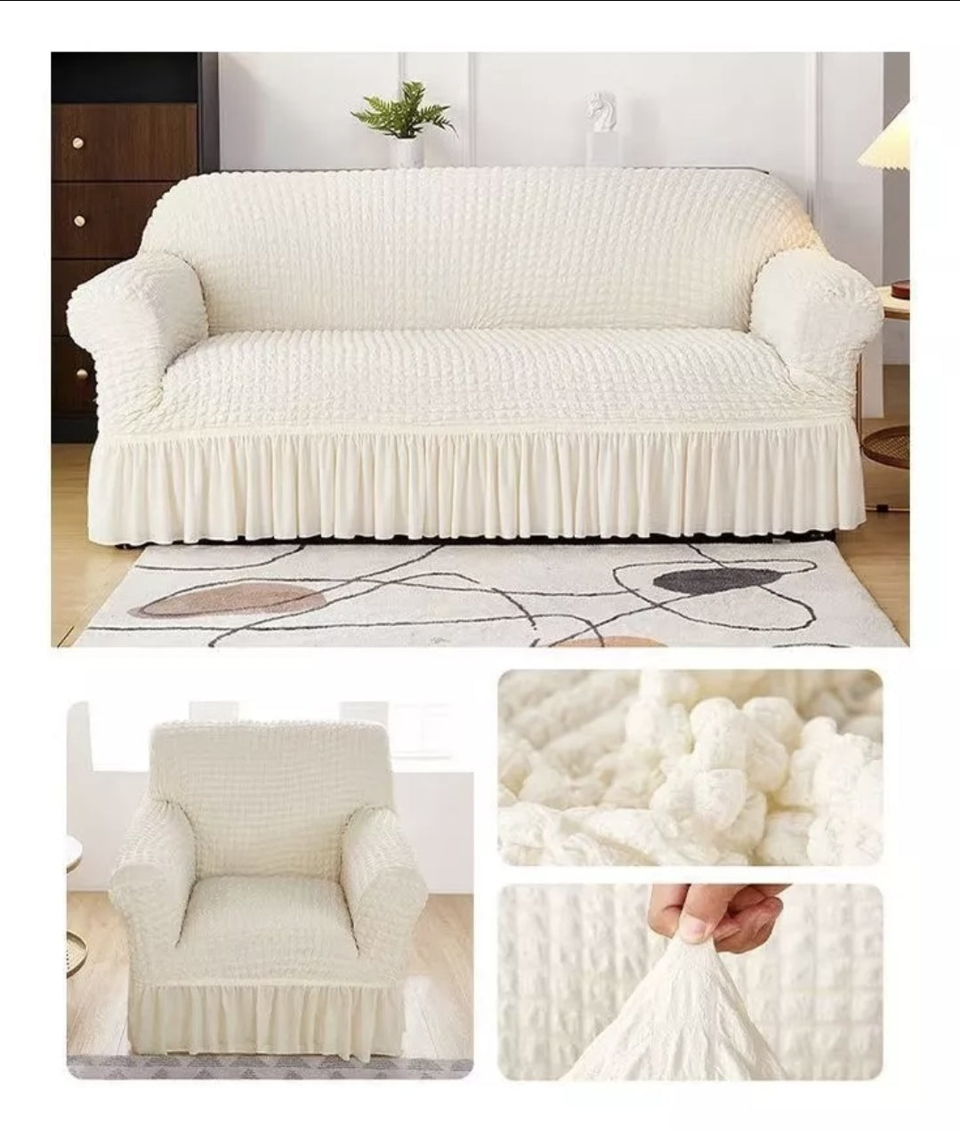 Protector Cubre Sala con Falda Elástico semi impermeable Alta Calidad 3 Pzs