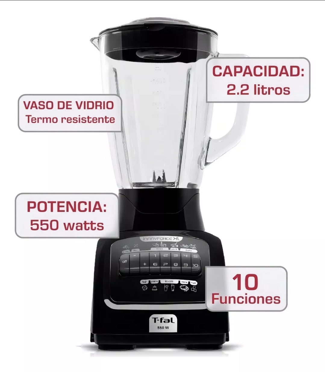 Licuadora Infinyforce Xl 2.2 L Vaso Vidrio 10 Vel 6 Cuchillas