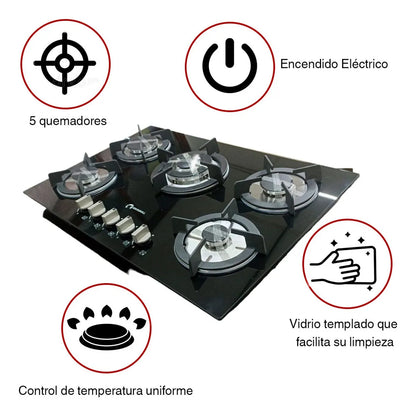 Parrilla  Shorbull  Estufa 5 Quemadores Gas Vidrio Templado Color Negro