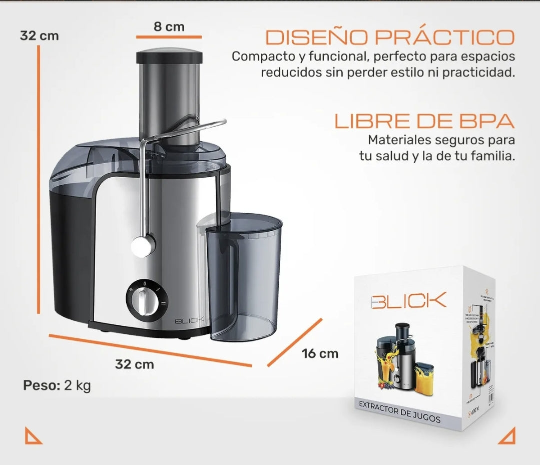 Extractor de Jugos y Verduras Eléctrico 600W 2 Velocidades Capacidad 500ml