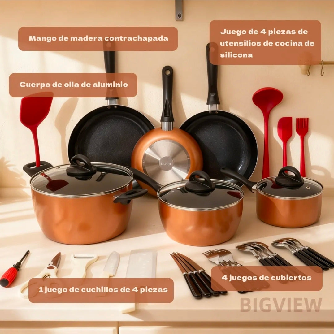 Batería De Cocina Antiadherente 34 Piezas - Juego De Ollas Y Utensilios De Aluminio