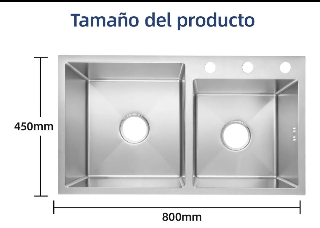 Fregadero De Acero Inoxidable 80X45X22Cm Tarja Doble Para Cocina