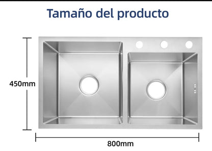 Fregadero De Acero Inoxidable 80X45X22Cm Tarja Doble Para Cocina