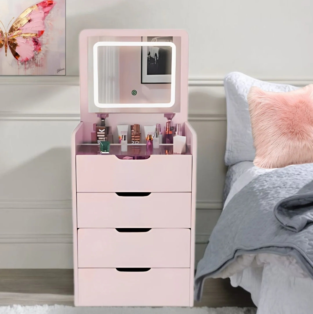 Buró tocador con espejo LED y banco oculto 4 cajones