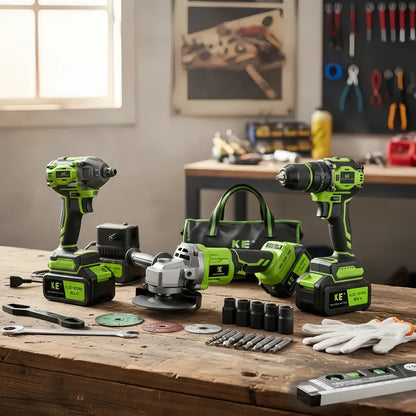 Kit 3 en 1 Taladro Percutor Brushless + Esmeriladora Inalámbrica + Llave Impacto Sin Escobillas