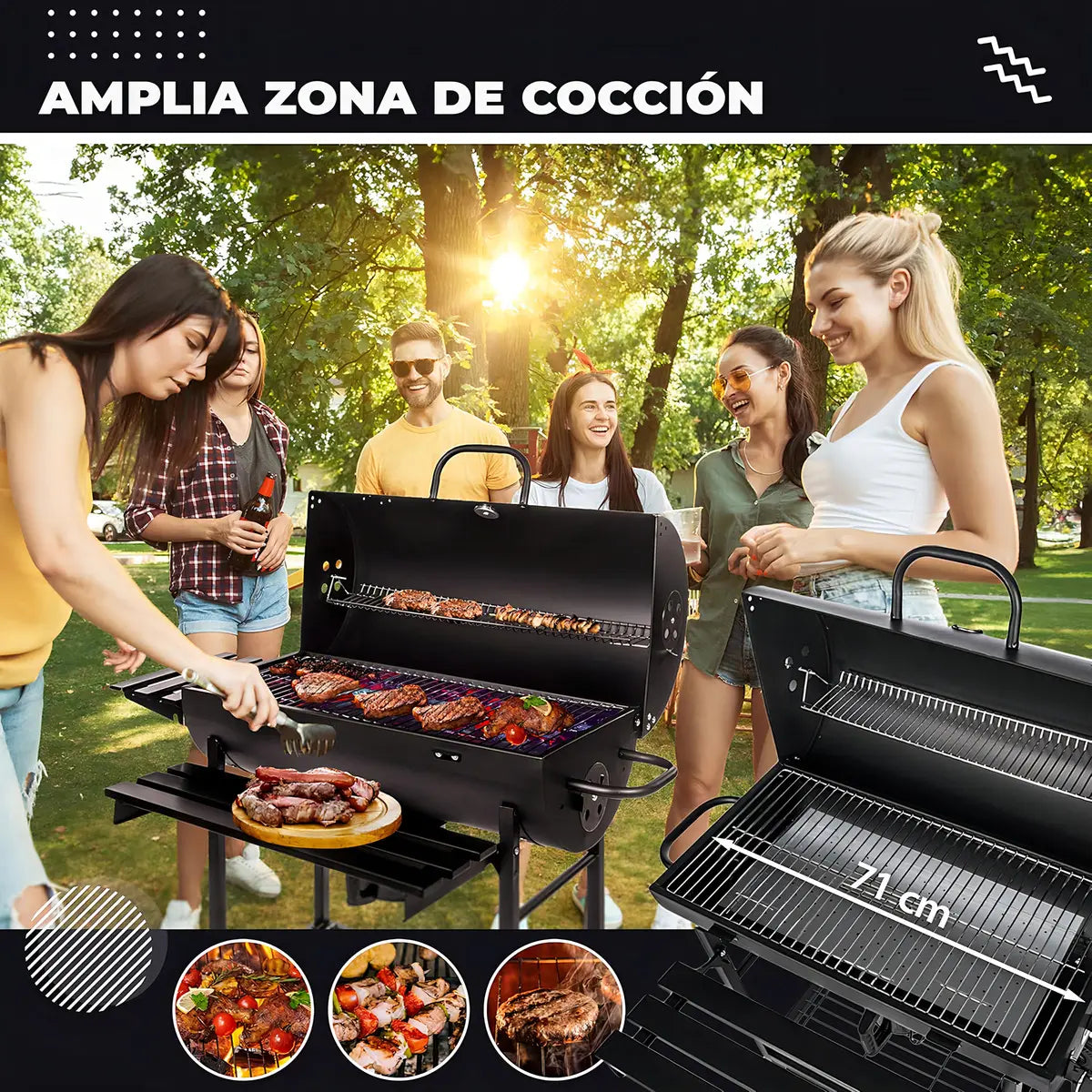 Asadores carbon de barril móvil con ruedas termómetro y mesa auxiliar acero inoxidable