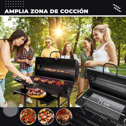Asadores carbon de barril móvil con ruedas termómetro y mesa auxiliar acero inoxidable