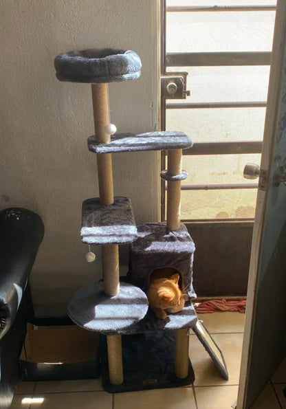 Torre Árbol Rascador Para Gato Con Casa Gris 132cm