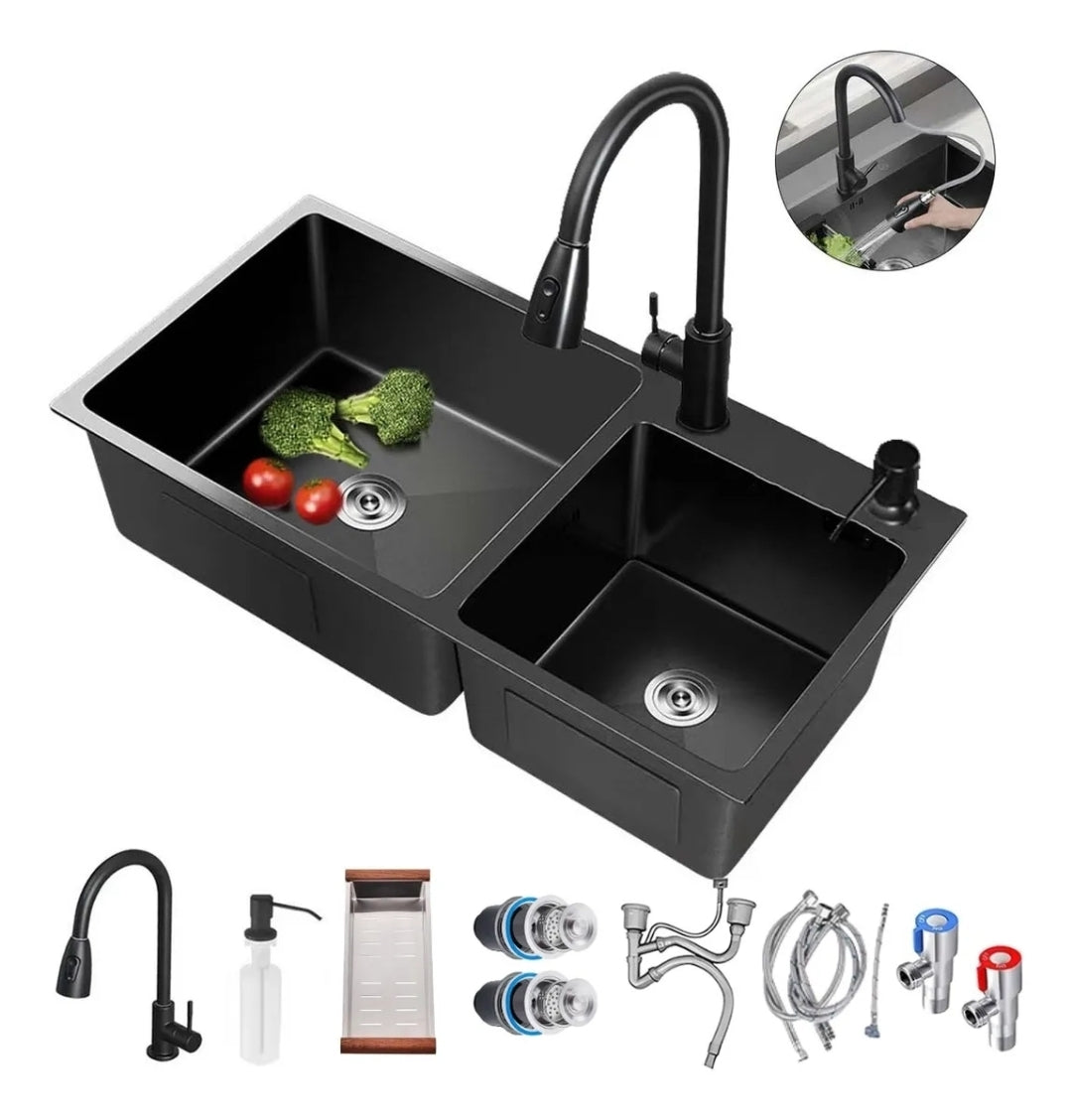 Fregadero de cocina acero inoxidable kit completo Tarja doble tina
