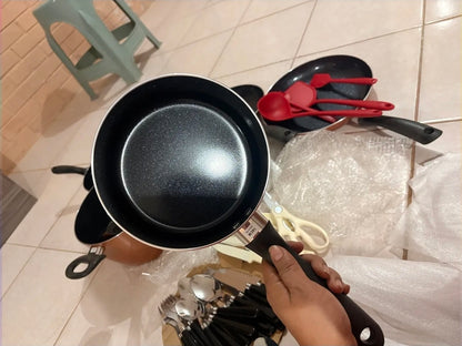 Batería De Cocina Antiadherente 34 Piezas - Juego De Ollas Y Utensilios De Aluminio