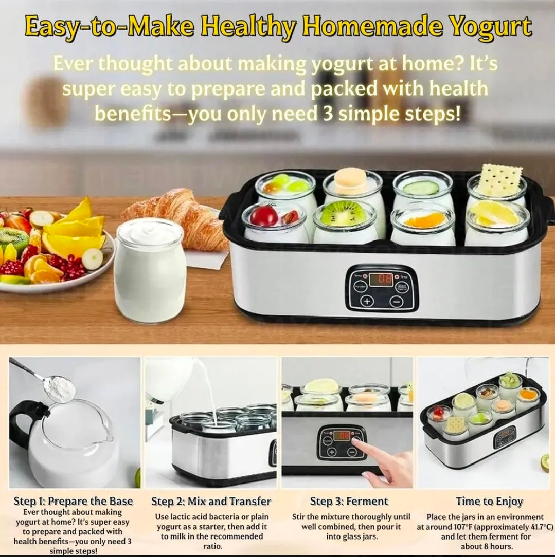Maquina de Yogurt Eléctrica 1.4L Acero Inoxidable con 8 Frascos Vidrio