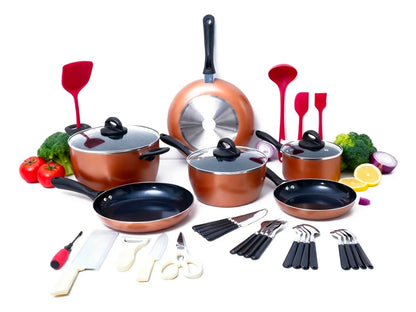 Batería De Cocina Antiadherente 34 Piezas - Juego De Ollas Y Utensilios De Aluminio