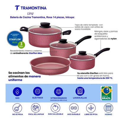 Batería de Cocina Antiadherente Tramontina Linz 14 Piezas de Aluminio - Rosa