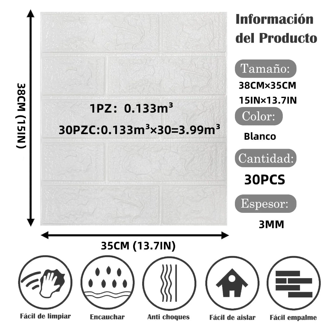 Panel decorativo 3D espuma impermeable 30pz