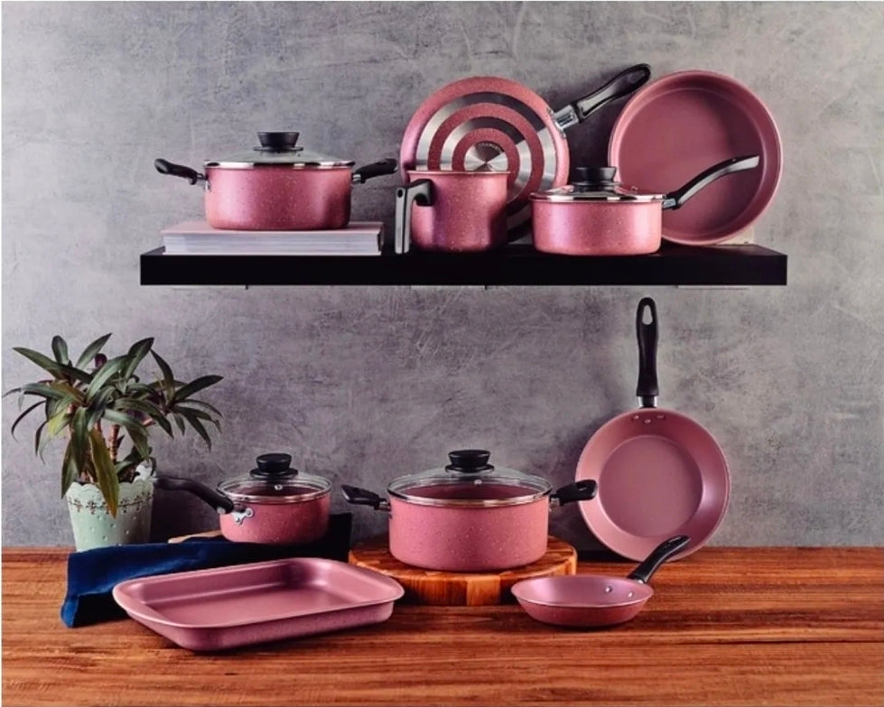 Batería de Cocina Antiadherente Tramontina Linz 14 Piezas de Aluminio - Rosa