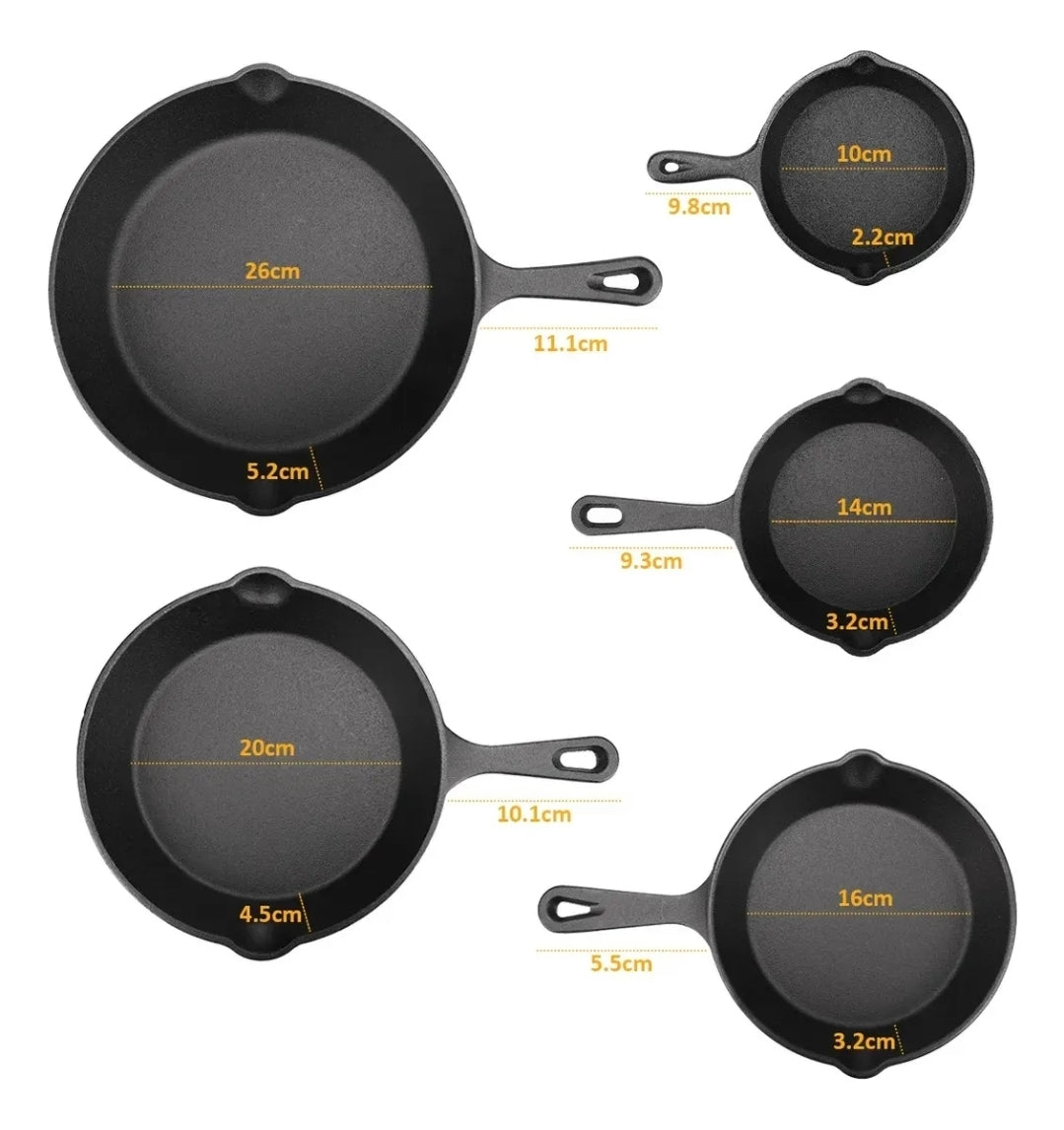 Sartén De Hierro Fundido Antiadherente 5 Piezas 10cm, 14cm, 16cm, 20cm, 26cm