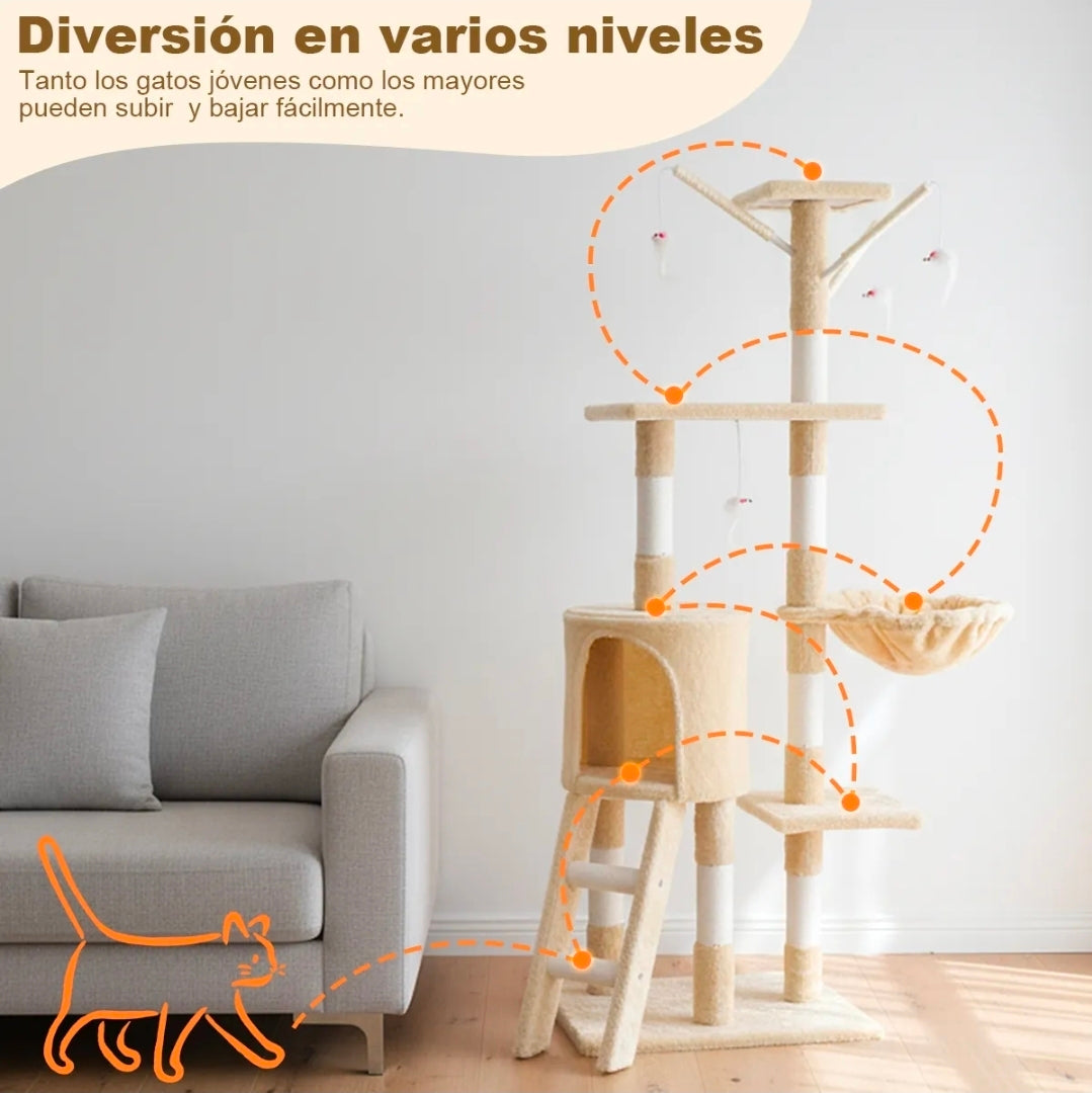 Juego Árbol Para Gatos Con Cesta, Torre y Rascador 140cm