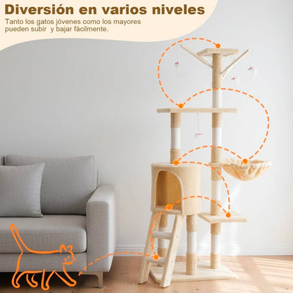 Juego Árbol Para Gatos Con Cesta, Torre y Rascador 140cm