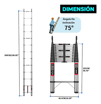 Escalera Telescópica Plegable 5 Metros Altura Ajustable Portátil Con Ganchos