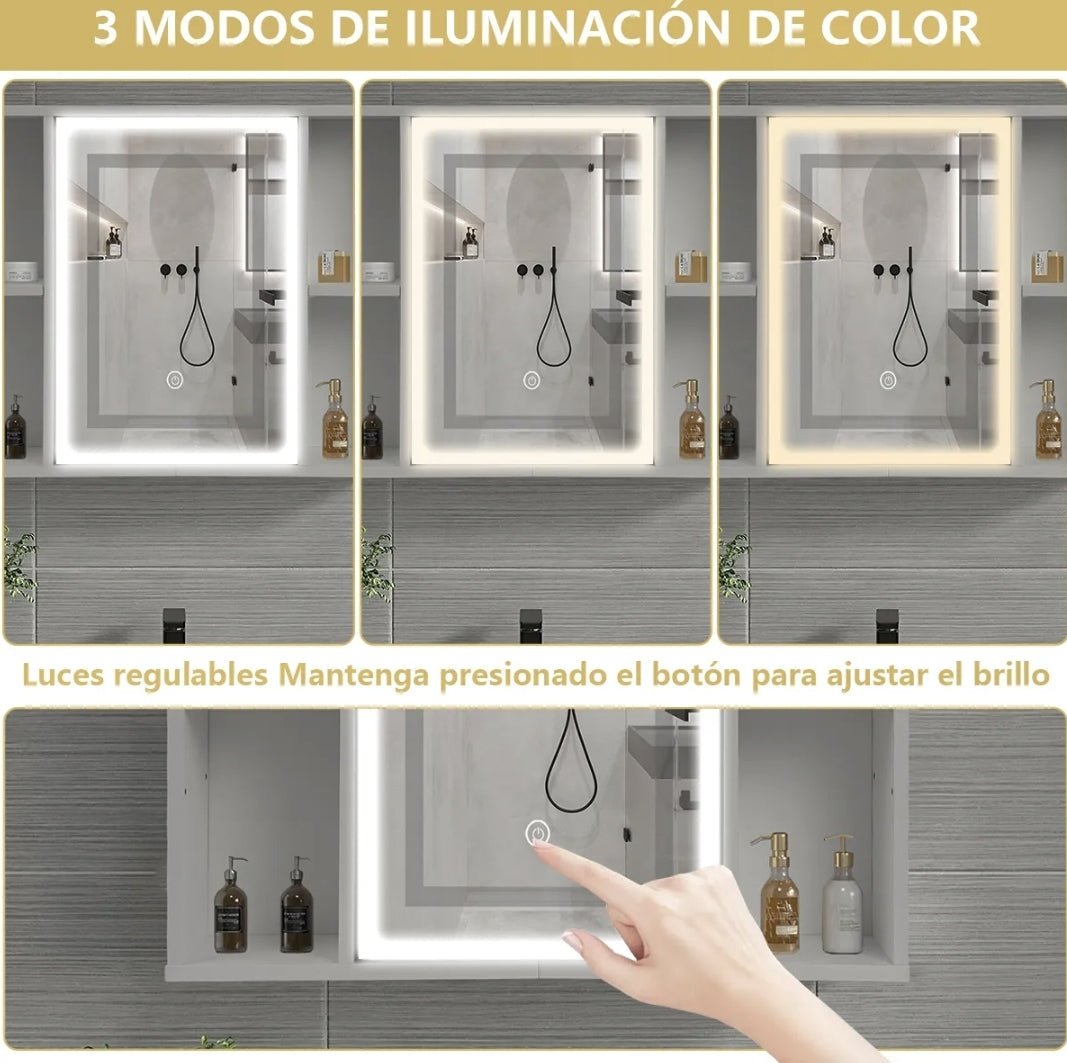 Espejo con luz LED y mueble organizador 40x60cm