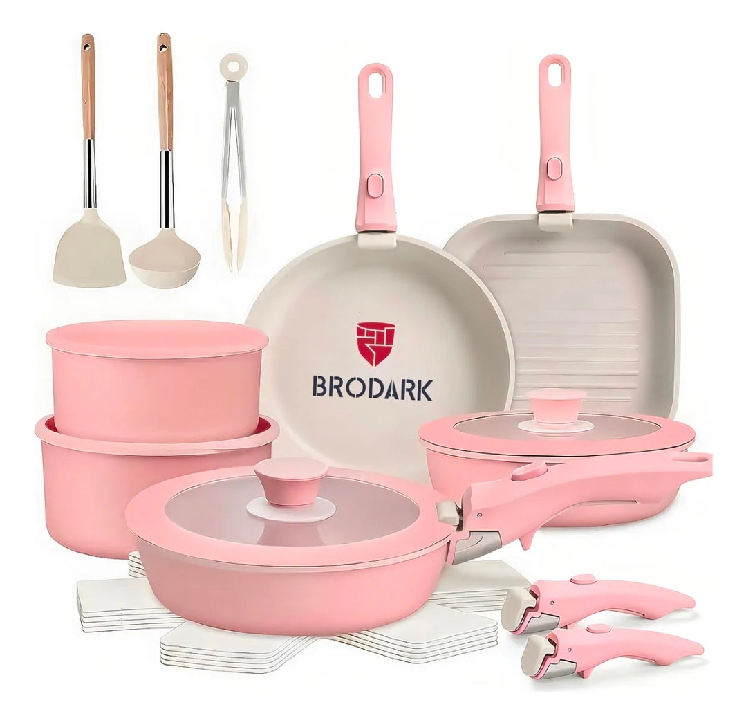 Batería Brodark 23 piezas Rosa/Blanco antiadherente con mangos desmontables