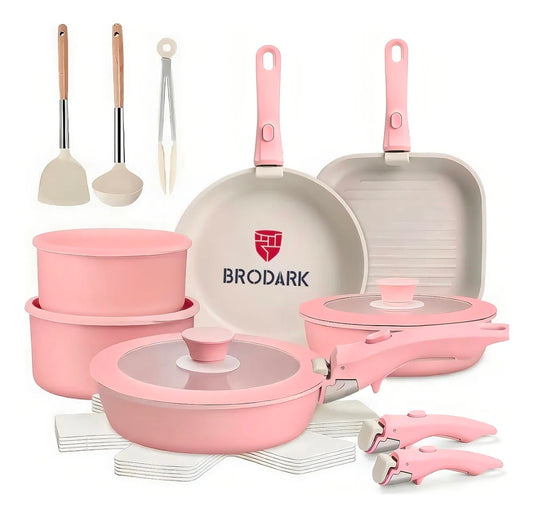 Batería Brodark 23 piezas Rosa/Blanco antiadherente con mangos desmontables