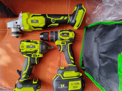 Kit 3 en 1 Taladro Percutor Brushless + Esmeriladora Inalámbrica + Llave Impacto Sin Escobillas