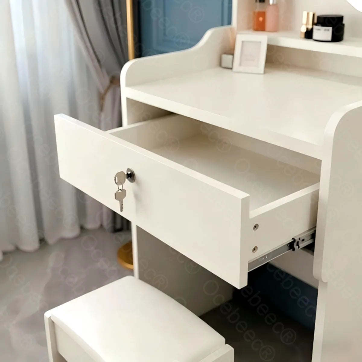 Tocador Vanity Niña Espejo Gatito Cajón Con Llave Taburete