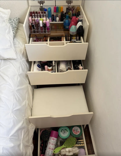 Buró tocador con espejo LED y banco oculto 4 cajones