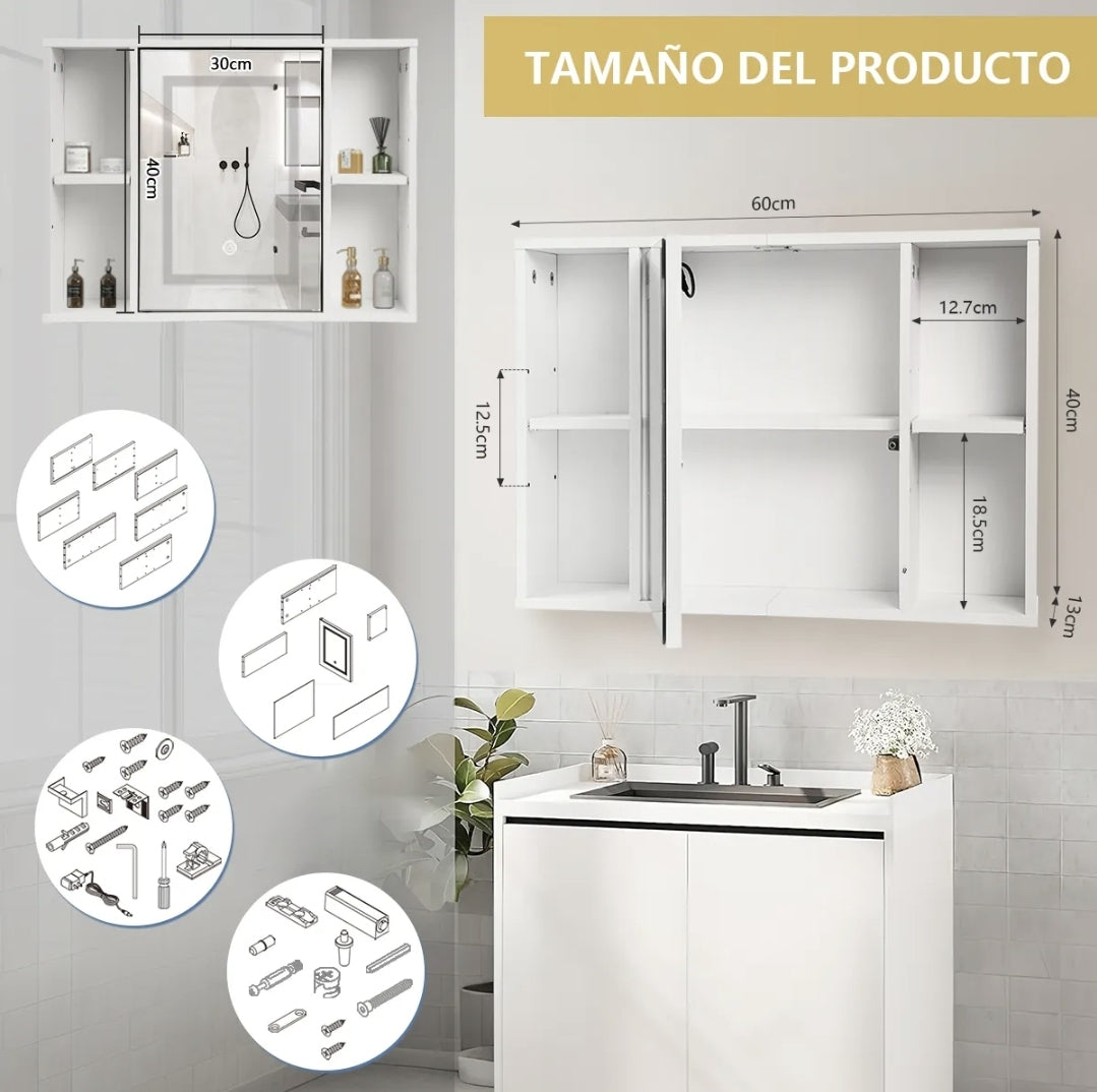 Espejo con luz LED y mueble organizador 40x60cm