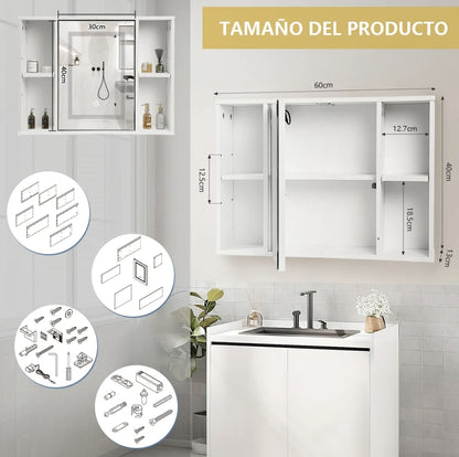 Espejo con luz LED y mueble organizador 40x60cm
