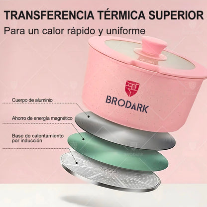 Batería Brodark 23 piezas Rosa/Blanco antiadherente con mangos desmontables