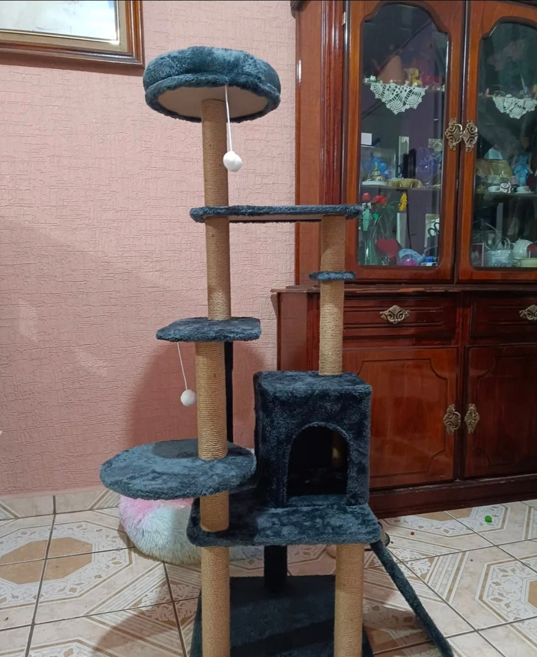 Torre Árbol Rascador Para Gato Con Casa Gris 132cm