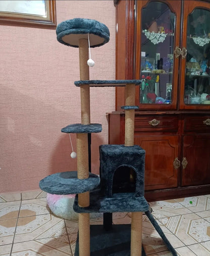 Torre Árbol Rascador Para Gato Con Casa Gris 132cm