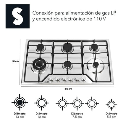 Parrilla empotrable 6 quemadores gas Acero inoxidable SIGNA