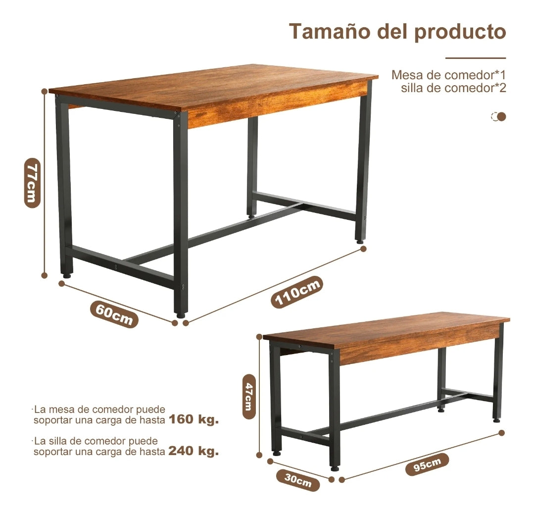 Conjunto De Comedor Rectangular Con 2 Bancos Para 4 Personas